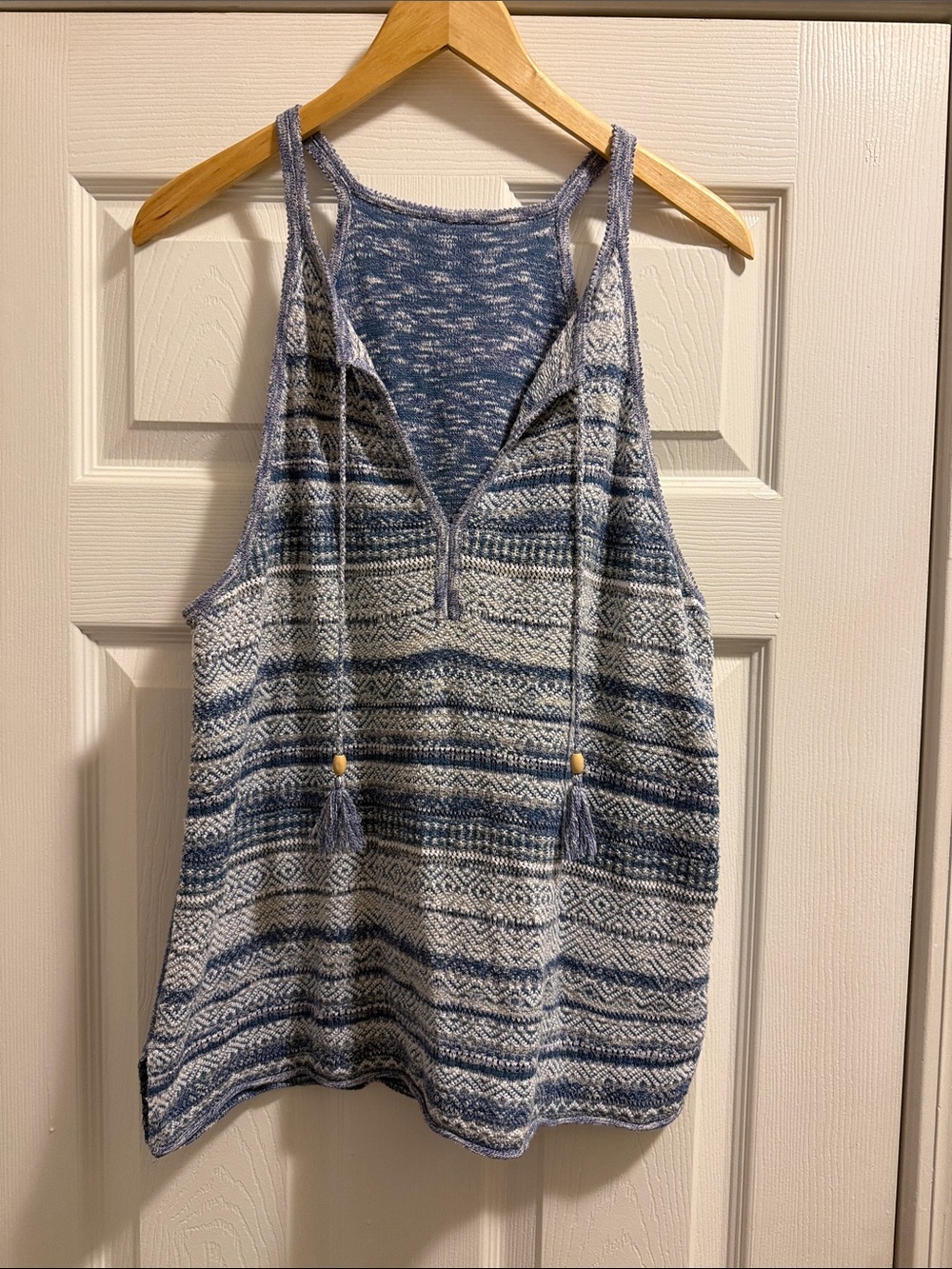 Sundance Blue & White Patterned Knit Tank with Tassel Ties size M/L EUC
